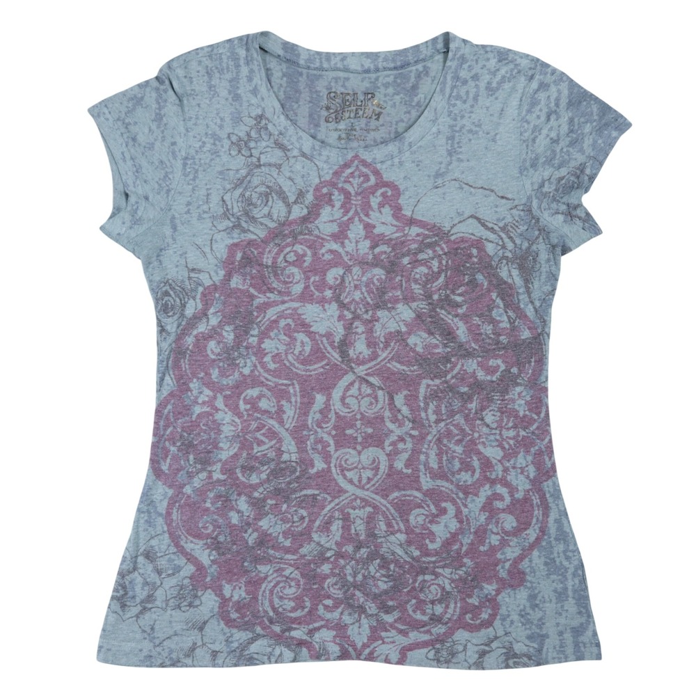 Self Esteem Y2K Burnout Gray Graphic T-Shirt Ornate Floral Girls Sz Large